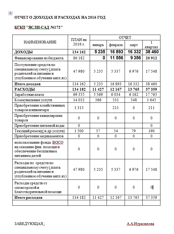 ОТЧЕТ О ДОХОДАХ И РАСХОДАХ НА 2016 ГОД